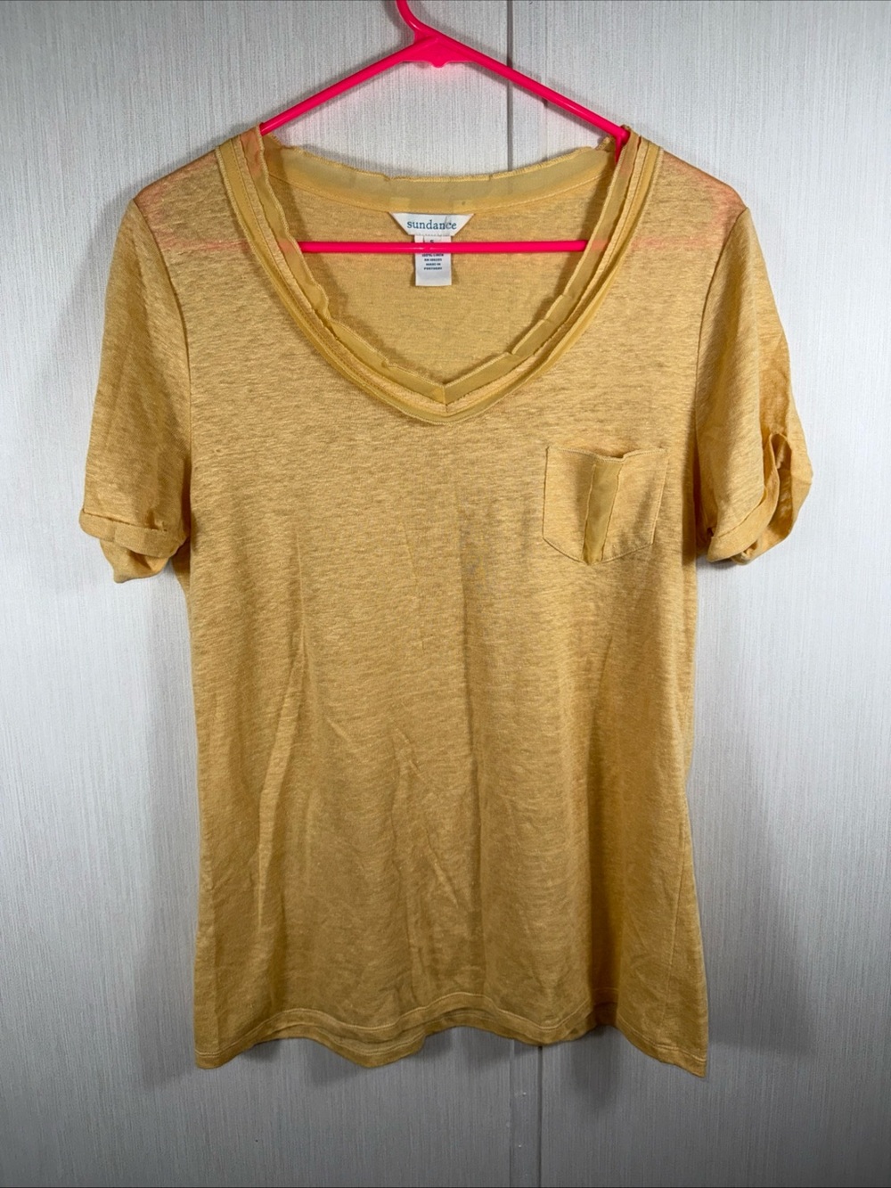 Sundance S Mustard 100% Linen Pocket Chiffon Trim Tee Summer Lightweight